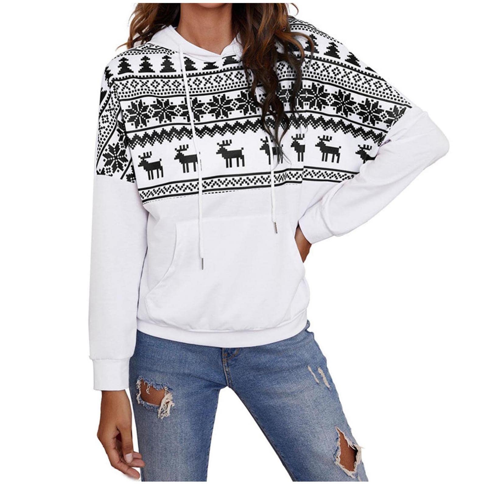 Women's Christmas Elk Print Long Sleeve Sweatshirt - Cute Holiday Pullover Tunic Top, Lightweight Loose Crewneck (Perfect for Holiday Parties, Family Gatherings & Festive Outfits)