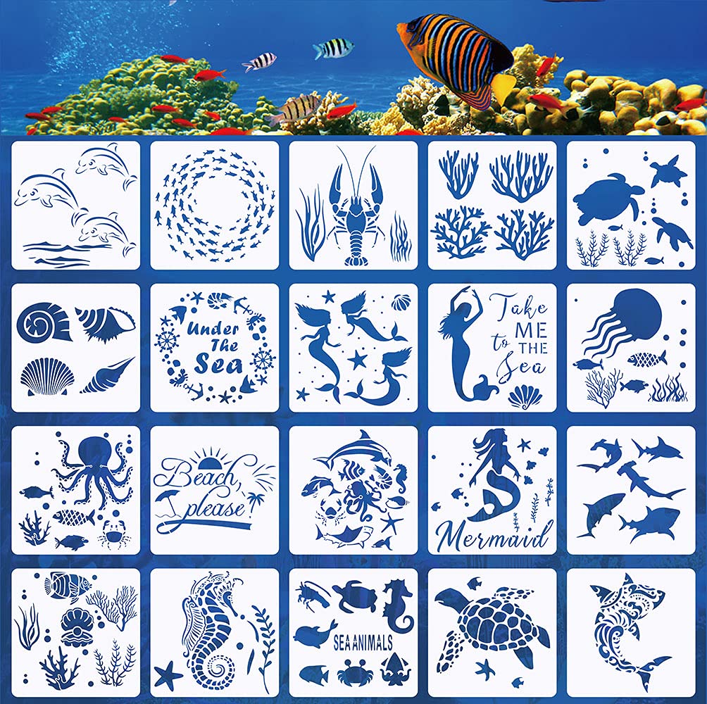 20-Piece Reusable Sea Creature Stencils for Painting on Wood, Walls & DIY Crafts - Ocean Marine Life Animal Templates (15x15cm/6x6in) - Perfect for Scrapbooking, Home Decor & Wood Sign Projects