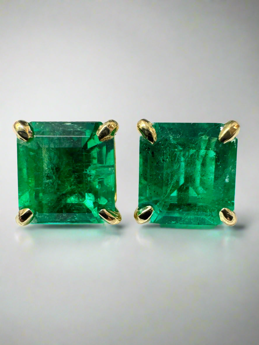 3.18tcw 7x7 AAA+ Muzo Green Asscher Cut Colombian Emerald Stud Earrings in 18K Gold - Perfect for Weddings, Anniversaries & Special Occasions