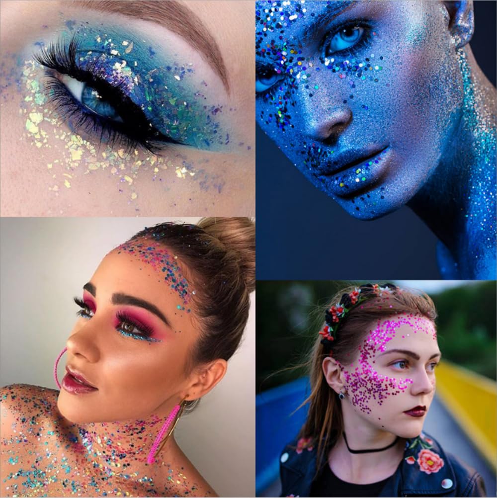**Shimmering Body Glitter Gel for Face & Body - Holographic Sparkle Makeup for Concerts, Festivals & Halloween - Long-Lasting Chunky Sequins Glitter for Eyes, Lips, Hair & Nails - Perfect for Rave, Cosplay & Party Accessories**