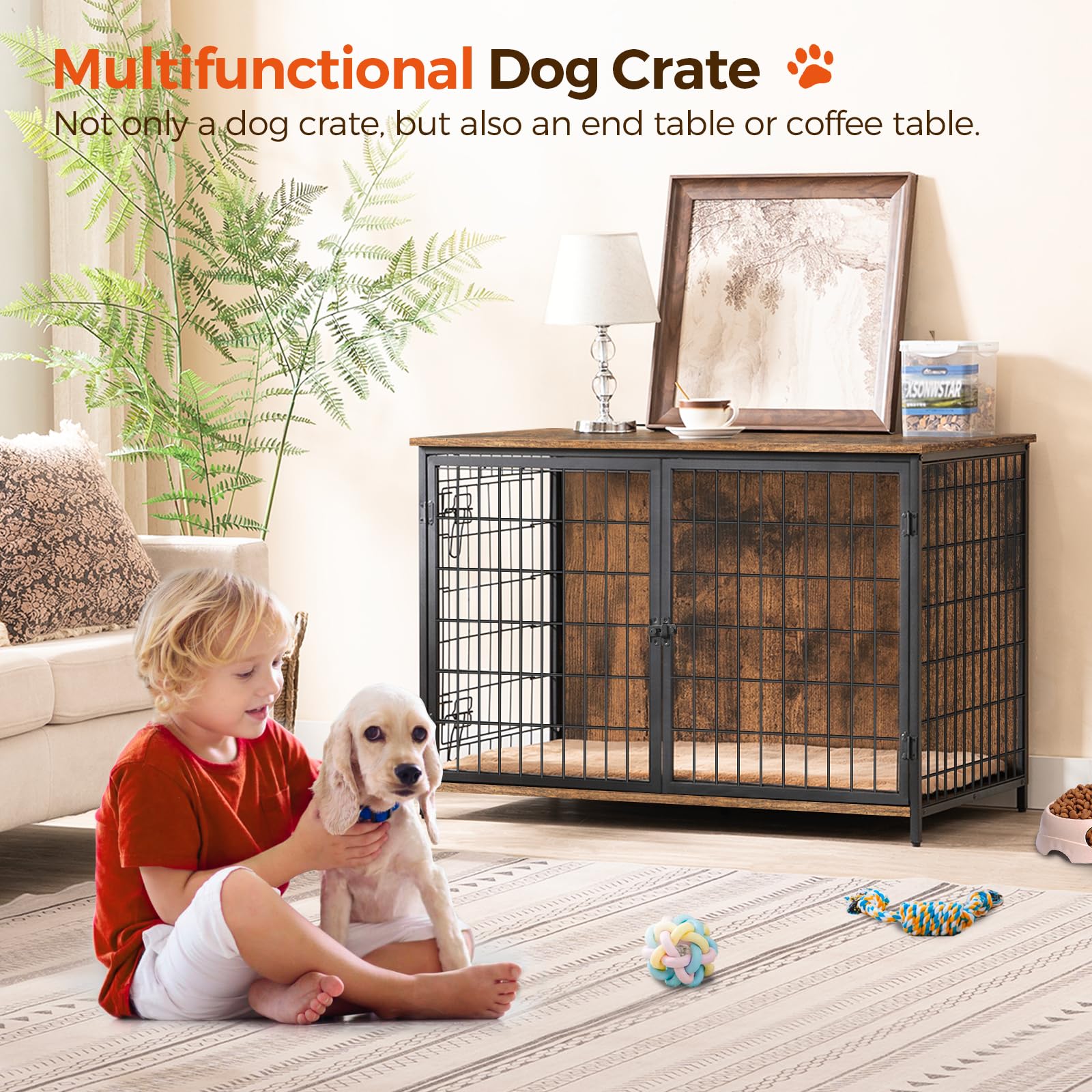 Wooden Dog Crate Furniture with Cushion - Heavy Duty Double Door Dog Kennel for Small Medium Large Dogs - Indoor Dog House End Table 39.4 Inch Rustic Brown DCHR10701 - Perfect for Living Room, Bedroom & Pet-Friendly Home Decor