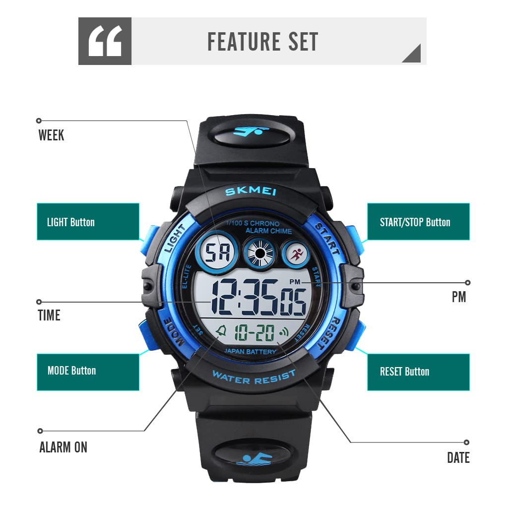 Digital Sports Watch for Boys & Girls - Waterproof Kids Wristwatch with Alarm, Stopwatch, 12/24H Time & Calendar - Perfect for Outdoor Activities, Swimming & School (Ages 3-15)
