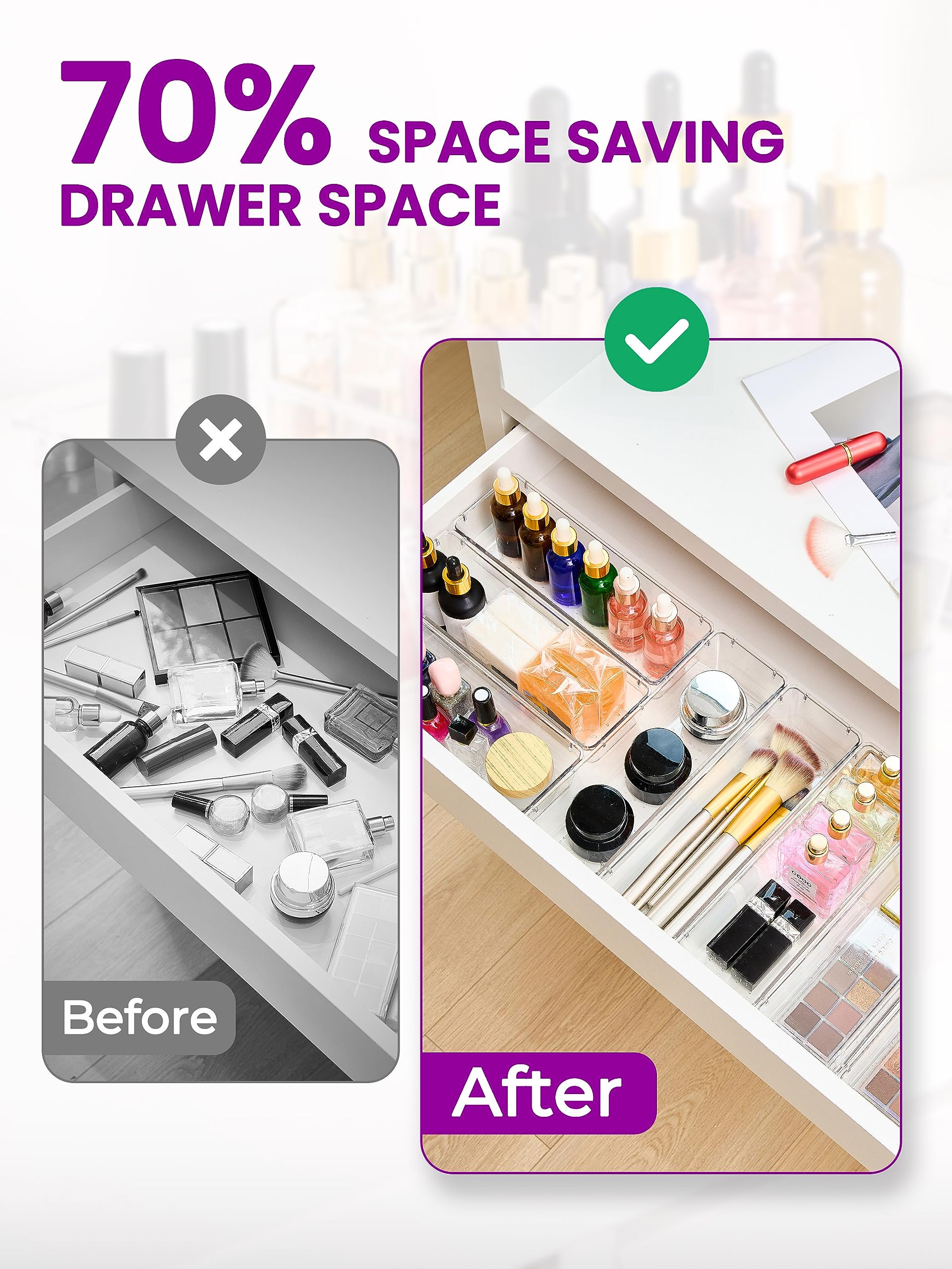 Smartor 6-Piece Clear Plastic Drawer Organizers Set - Non-Slip Storage Bins for Makeup, Office, Kitchen & Bathroom | Perfect for Desk Organization, Jewelry Storage & Home Decluttering