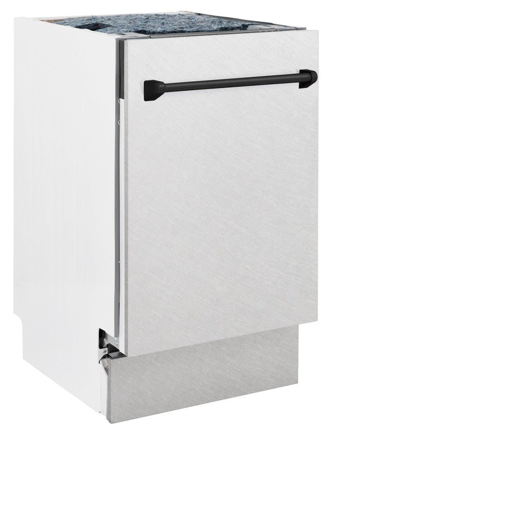 ZLINE Autograph Edition 18-inch Built-In Dishwasher - Tallac Series with 3rd Rack, Top Control Panel, Satin Stainless Steel Finish & Matte Black Handle - Ultra Quiet 51dBa - Perfect for Modern Kitchens, Small Spaces, and Open-Concept Homes (DWVZ SN 18 MB)