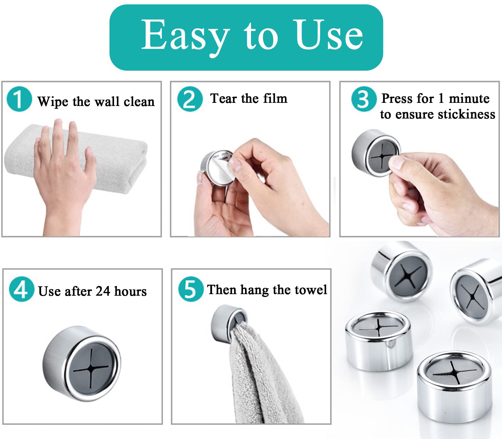 6-Pack Self-Adhesive Push Hooks - No Drill Wall & Door Mounted Towel Hooks for Kitchen, Bathroom, Cabinet - Strong Adhesive Hanging Hooks for Towels, Dish Rags, Robes & More (Perfect for Small Spaces & Rentals)