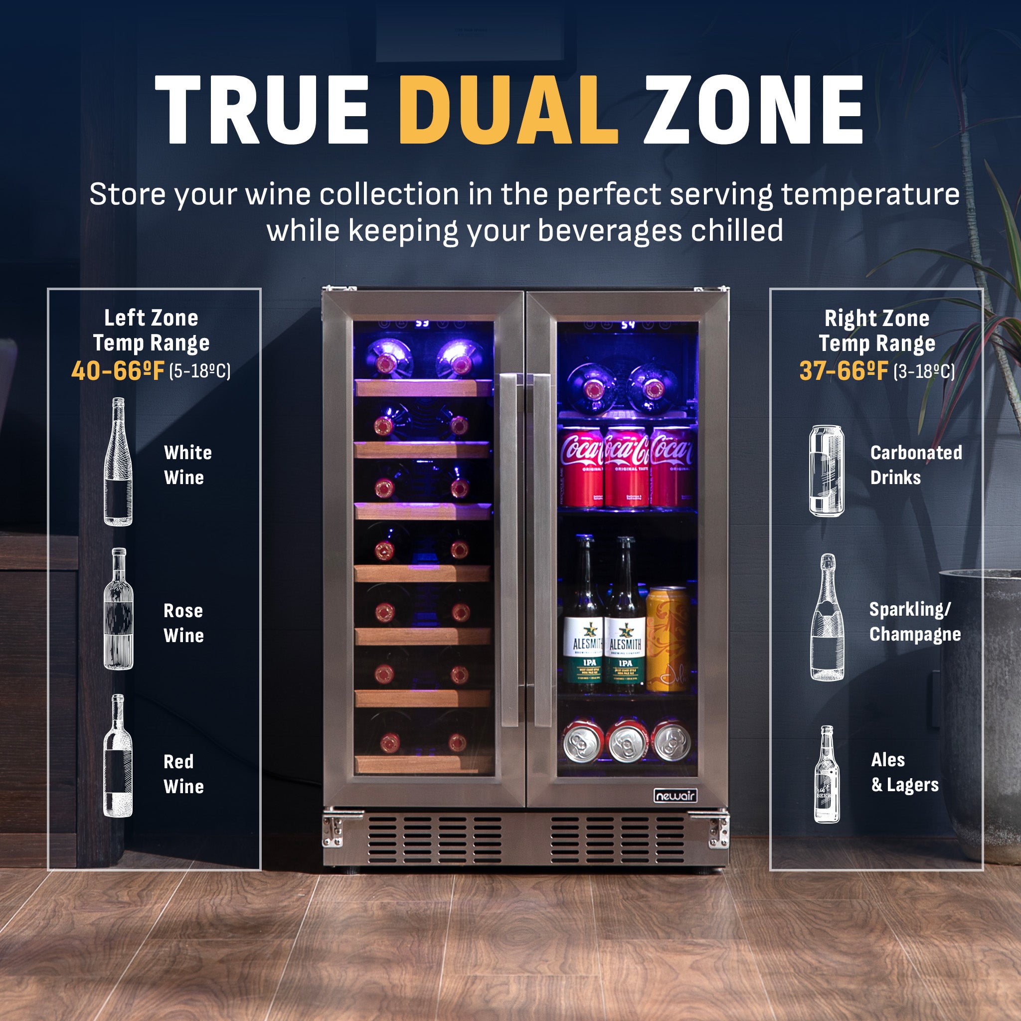 Newair® 24 Inch Dual Zone Wine and Beverage Cooler with French Doors - Perfect for Home Bars, Restaurants, and Wine Cellars