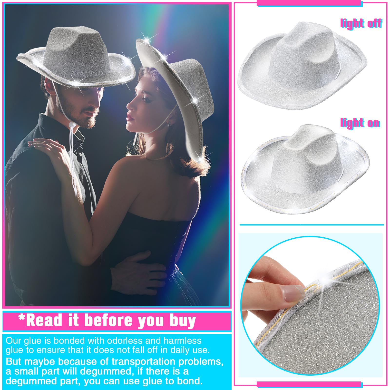 LED Cowboy Hat Flashing Lights - 10 Pcs for Western Role Play & Parties