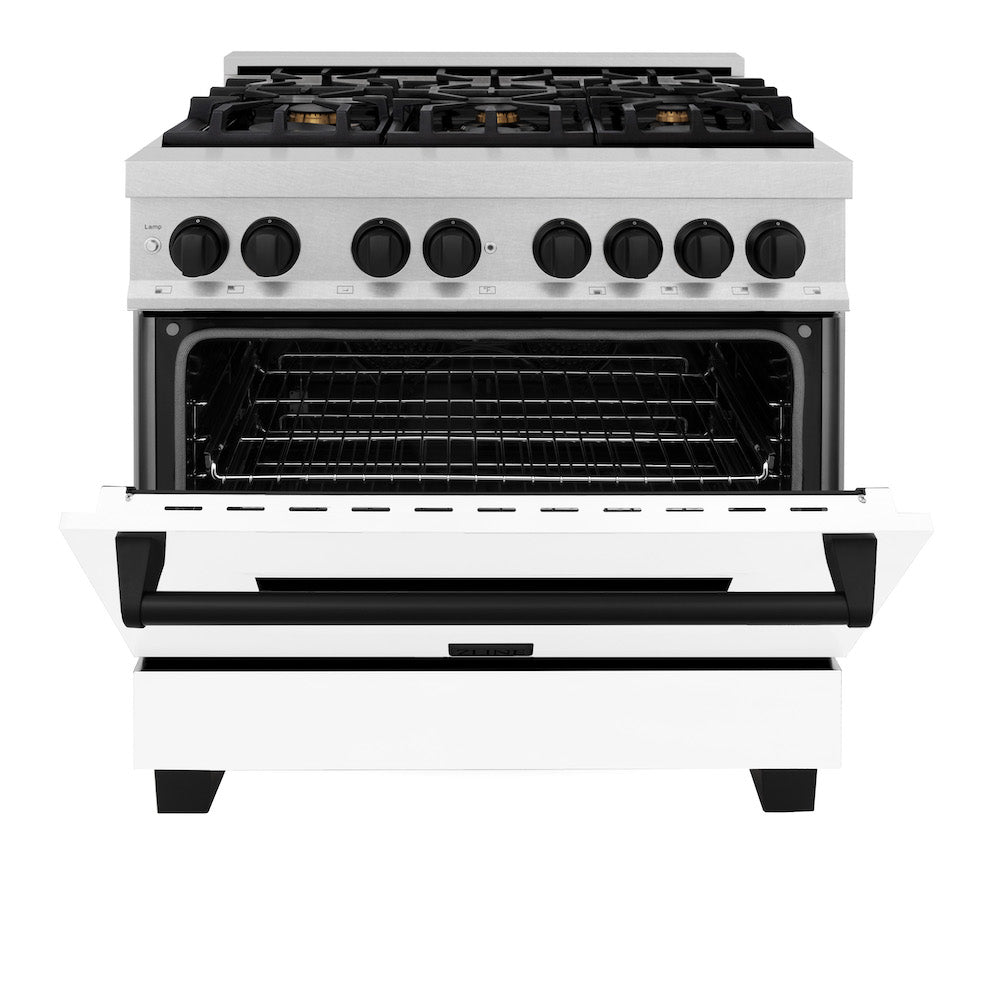 ZLINE Autograph Edition 36-inch Dual Fuel Range - 4.6 cu. ft. Capacity, 6-Burner Gas Cooktop & Electric Convection Oven - Satin Stainless Steel with White Matte Door & Black Accents (RASZ WM 36 MB) - Perfect for Modern Kitchens, Home Chefs & Gourmet Cooking