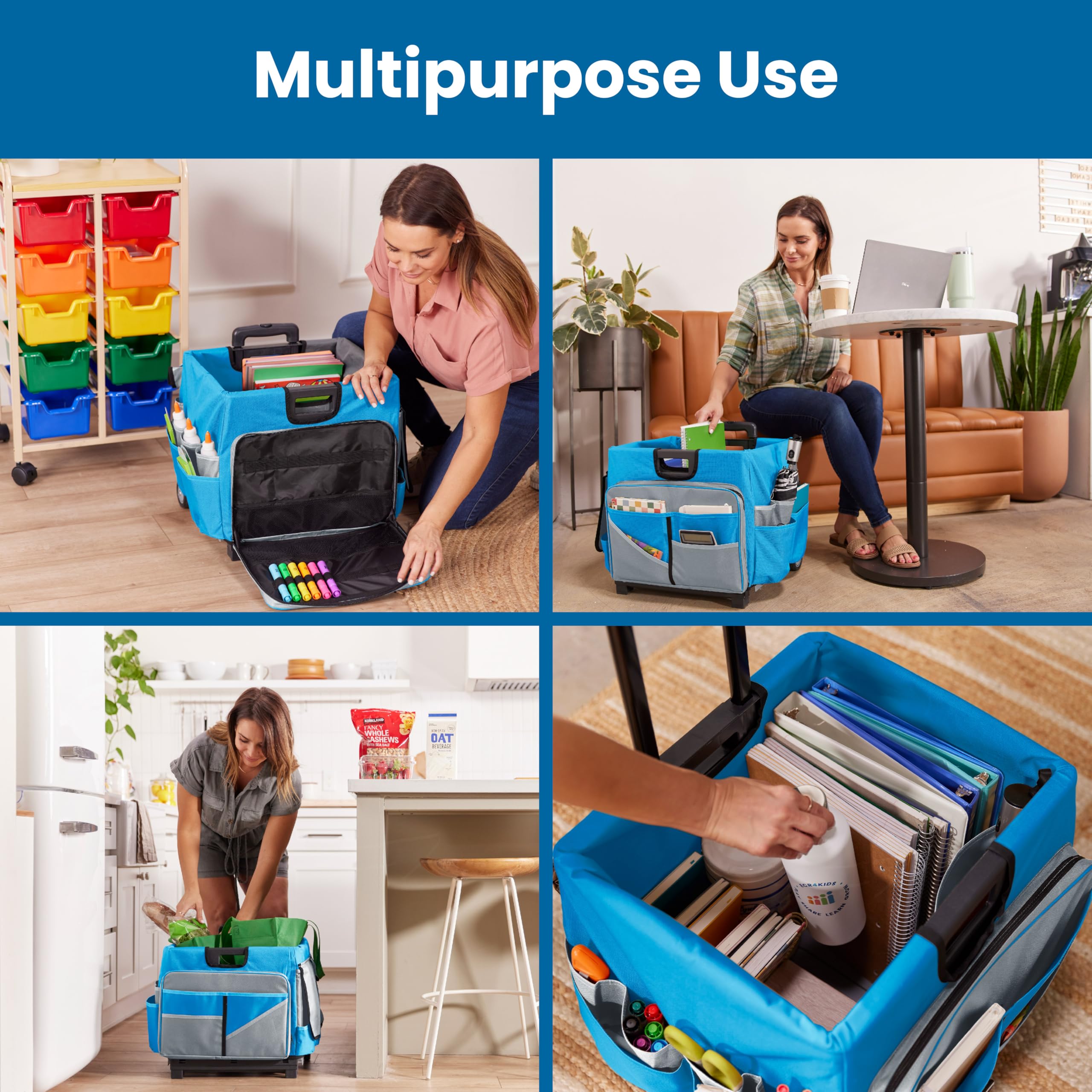 ECR4Kids Universal Rolling Cart with Canvas Organizer Bag - Mobile Storage Cart for Classroom, Office & Home Organization - Blue & Grey Rolling Utility Cart for Supplies, Books & Crafts