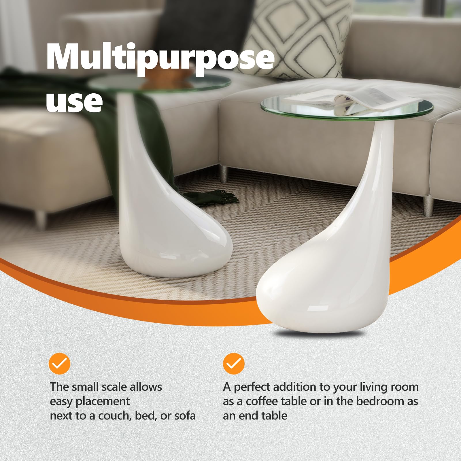 Modern White Round Coffee Table Set with Glass Top - 2-Piece Small Living Room & Bedroom Furniture (16.5