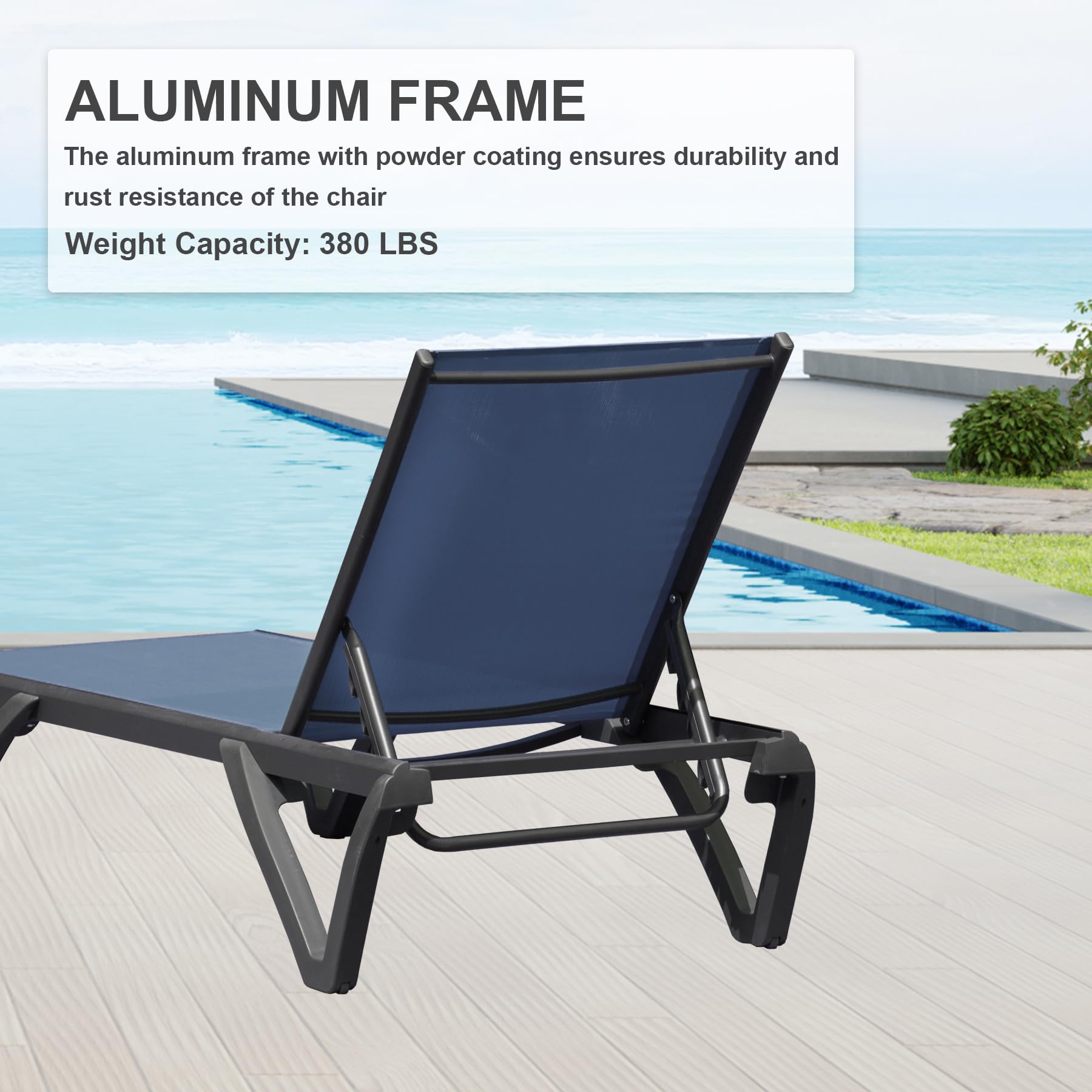 Domi Adjustable Aluminum & Plastic Pool Lounge Chairs Set of 2 - All-Weather Outdoor Chaise Lounge for Beach, Poolside & Lawn (Navy Blue Textilene) | Perfect for Sunbathing, Relaxing by the Pool & Backyard Lounging