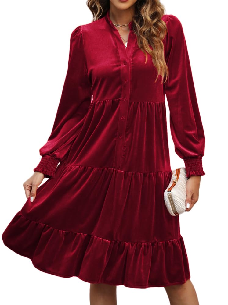 CYLADY Women's 2024 Spring Velvet Ruffle V-Neck Long Sleeve Flowy Swing Dress - Elegant Casual Tunic Shift Dress for Work, Date Night & Special Occasions