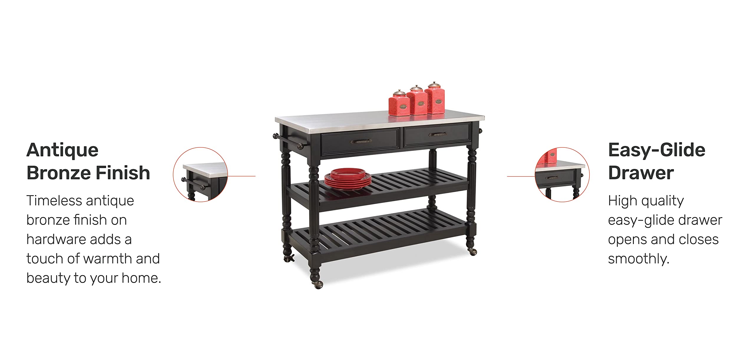 Homestyles Savanna Kitchen Cart - Black Rolling Island with Storage Shelves & Towel Rack for Small Spaces | Perfect for Kitchen Organization, Dining Room Serving, or as a Mobile Bar Cart