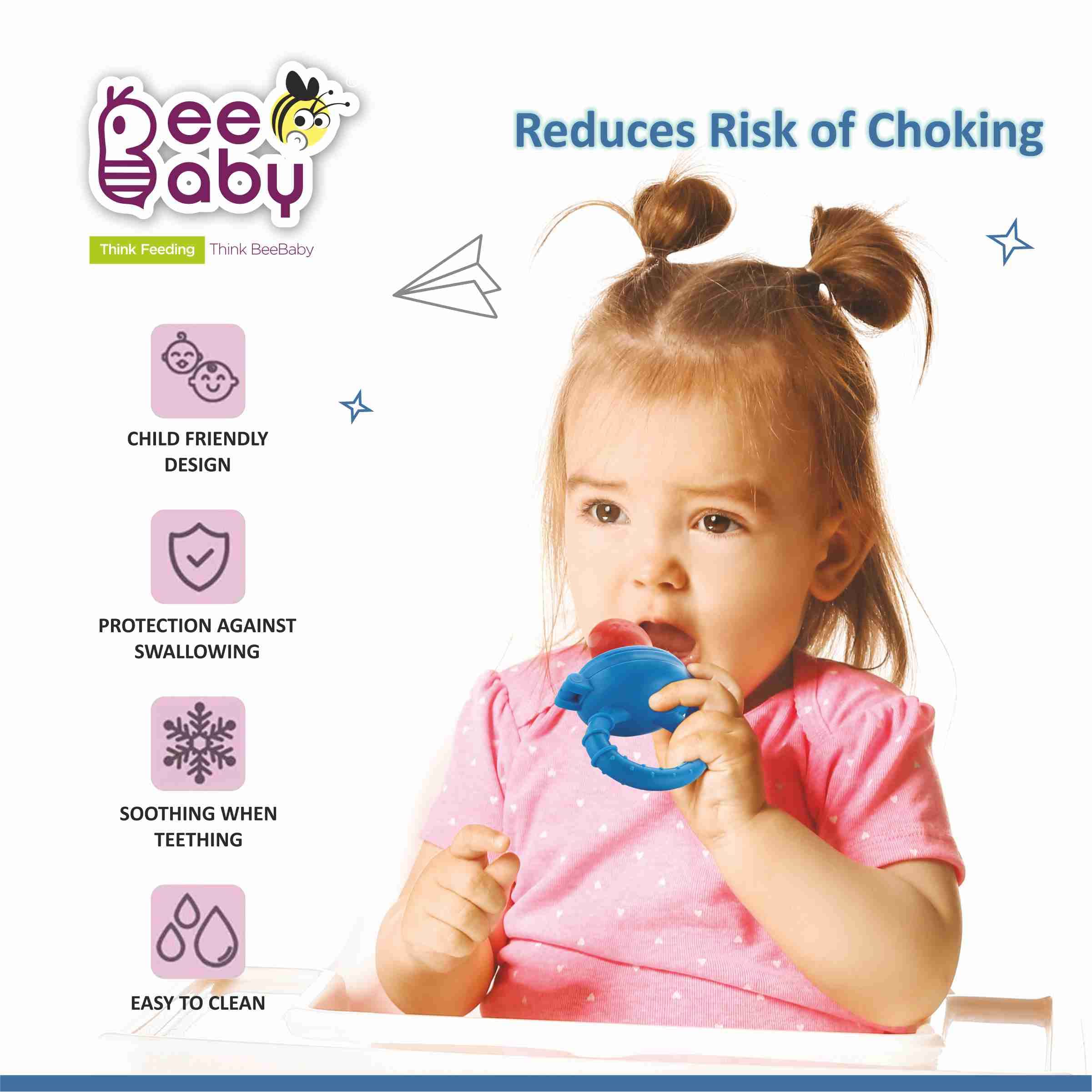 BeeBaby Soft Silicone Baby Food Feeder with Extra Mesh - Safe Anti-Choking Fruit Pacifier & Teether for Infants 3+ Months | 100% BPA Free | Perfect for Purees, Fruits & Teething Relief (Fruttino - Blue)