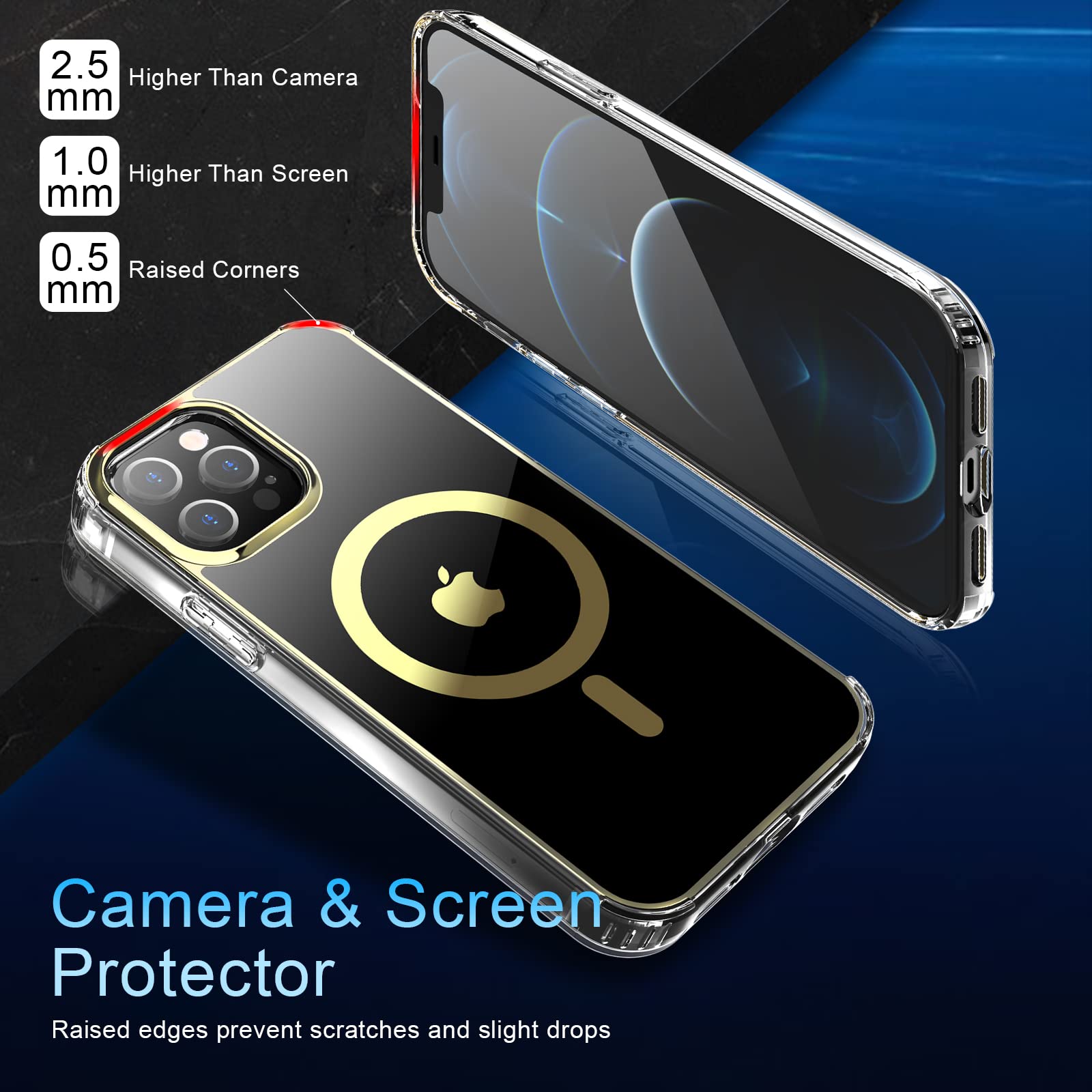 Magnetic Case for iPhone 12 Pro Max 6.7 Inch | MagSafe Compatible | Crystal Clear Sparkle Glitter | Non-Yellowing TPU+PC | Military Grade Shockproof Protection | Gold - Perfect for Everyday Use, Travel & Outdoor Activities
