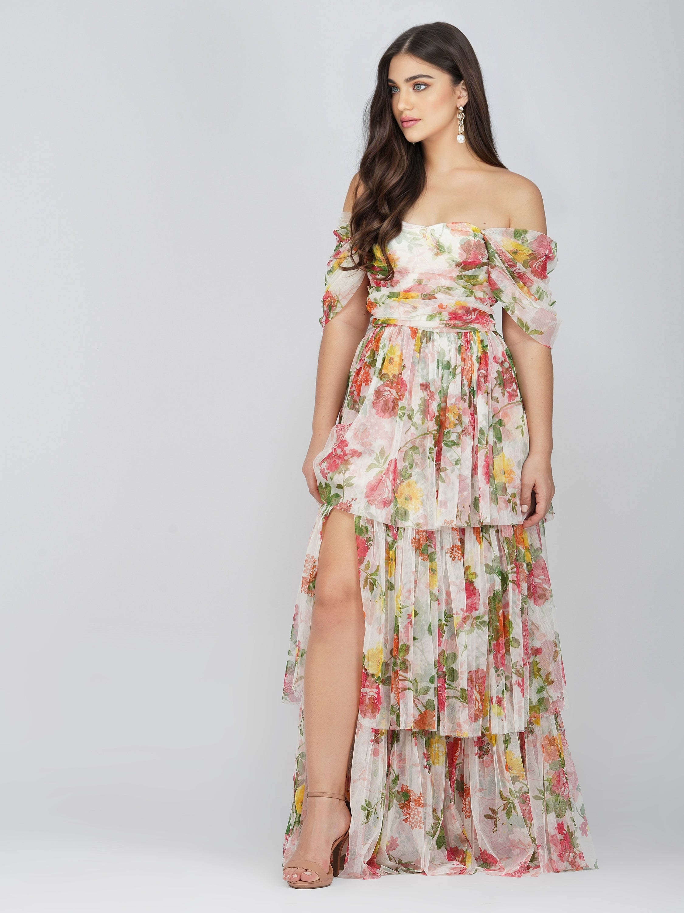 Elegant Sydney Tulle Maxi Dress - Bright Floral Print Long Evening Gown for Women | Perfect for Weddings, Parties & Special Occasions