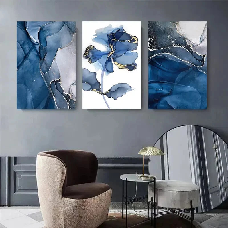 3-Piece Abstract Blue and Gold Floral Metal Wall Art Prints - Ready to Hang Home Decor for Living Room, Bedroom & Office