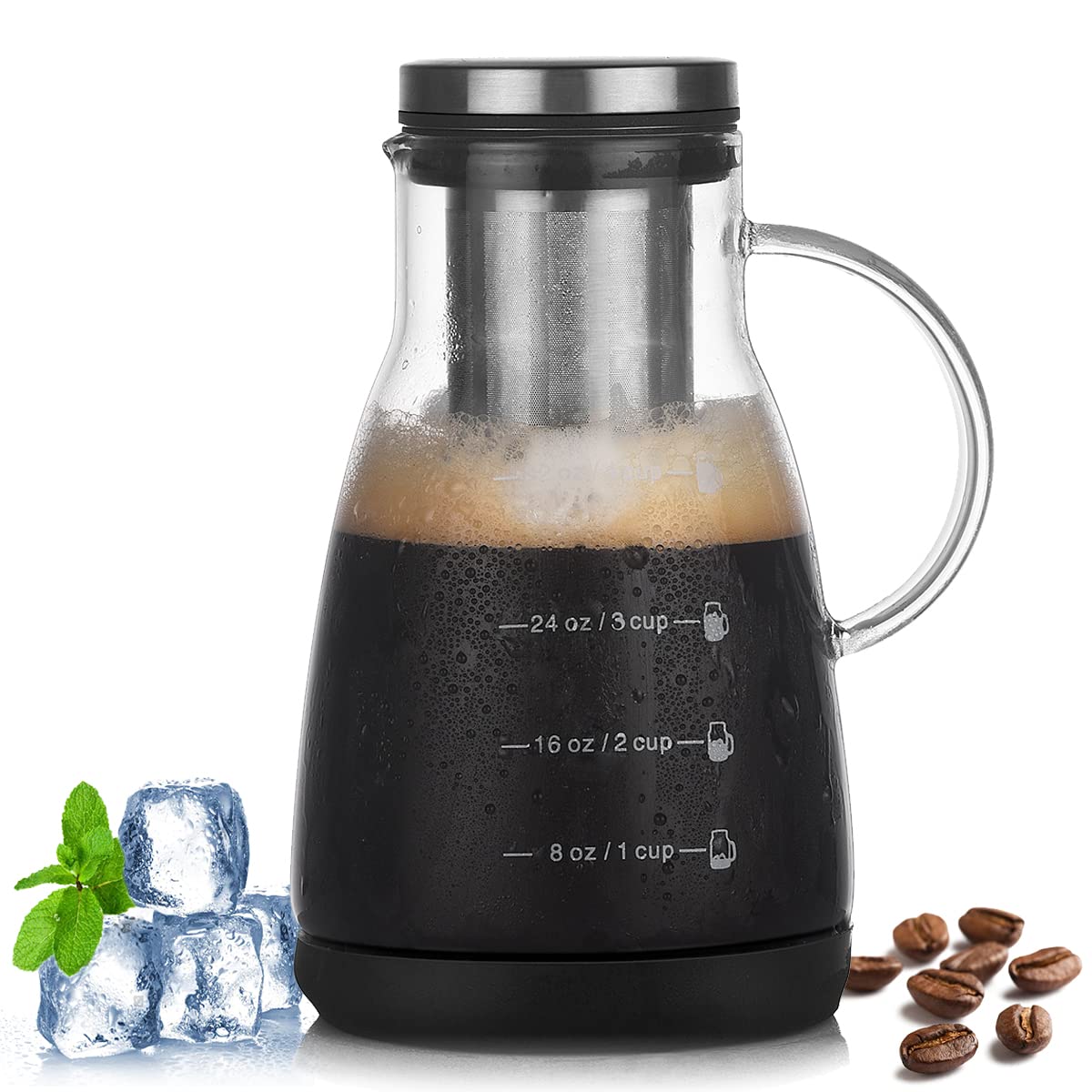 Premium 32oz Glass Cold Brew Coffee Maker with Airtight Lid - Removable Stainless Steel Filter & Non-Slip Silicone Base for Iced Coffee at Home, Office or Outdoor Camping