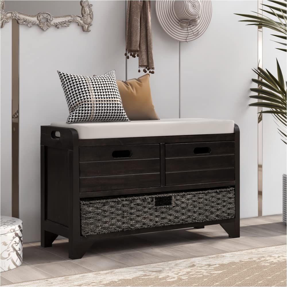 NYCSUOANI Fully Assembled Storage Bench with Removable Basket & 2 Drawers - Shoe Bench with Cushion in Espresso Brown - Perfect for Entryway, Bedroom & Living Room Organization