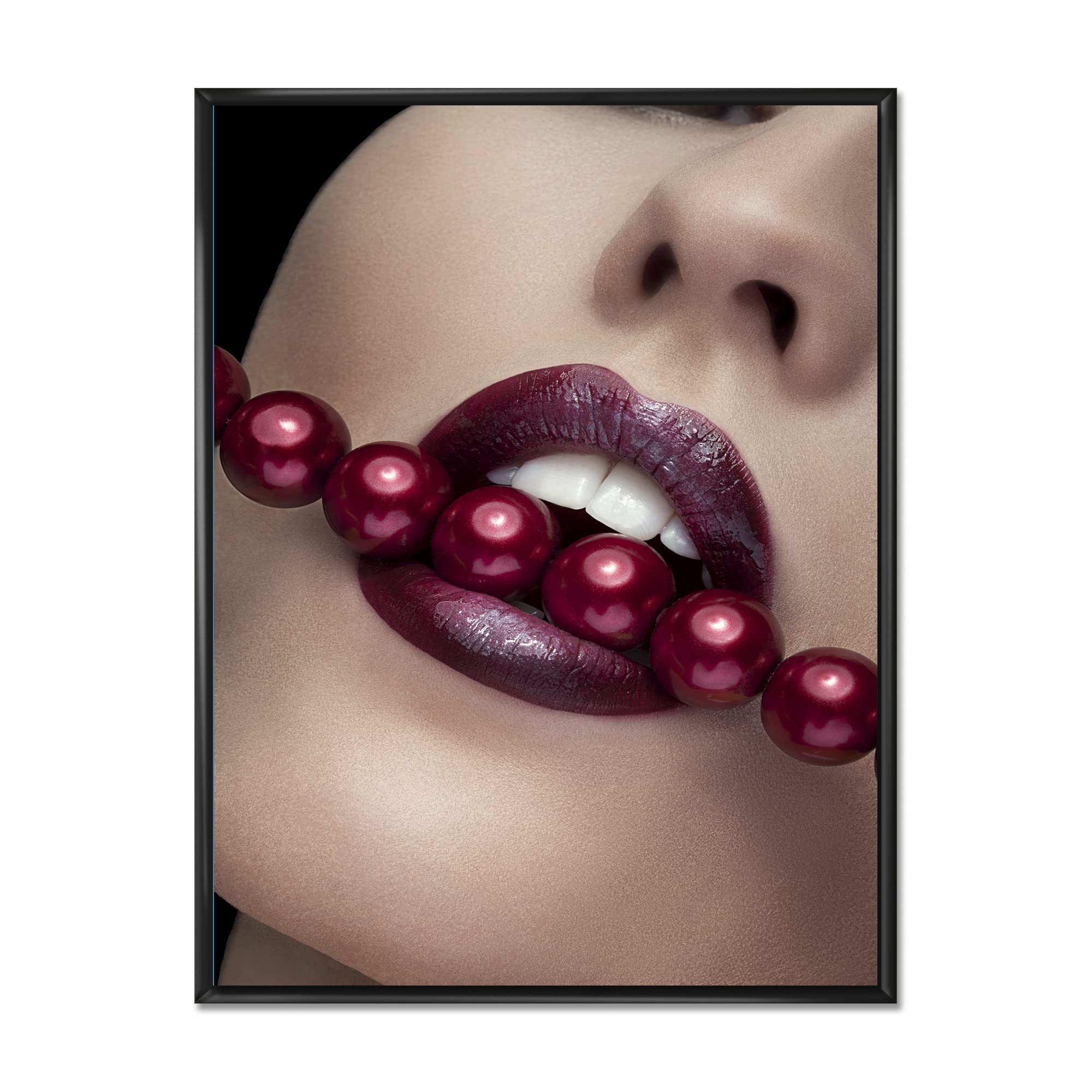 DesignQ Modern Framed Canvas Wall Art - Woman Biting Red Lips with Pearl Accents | Elegant Home Decor for Living Room, Bedroom & Office