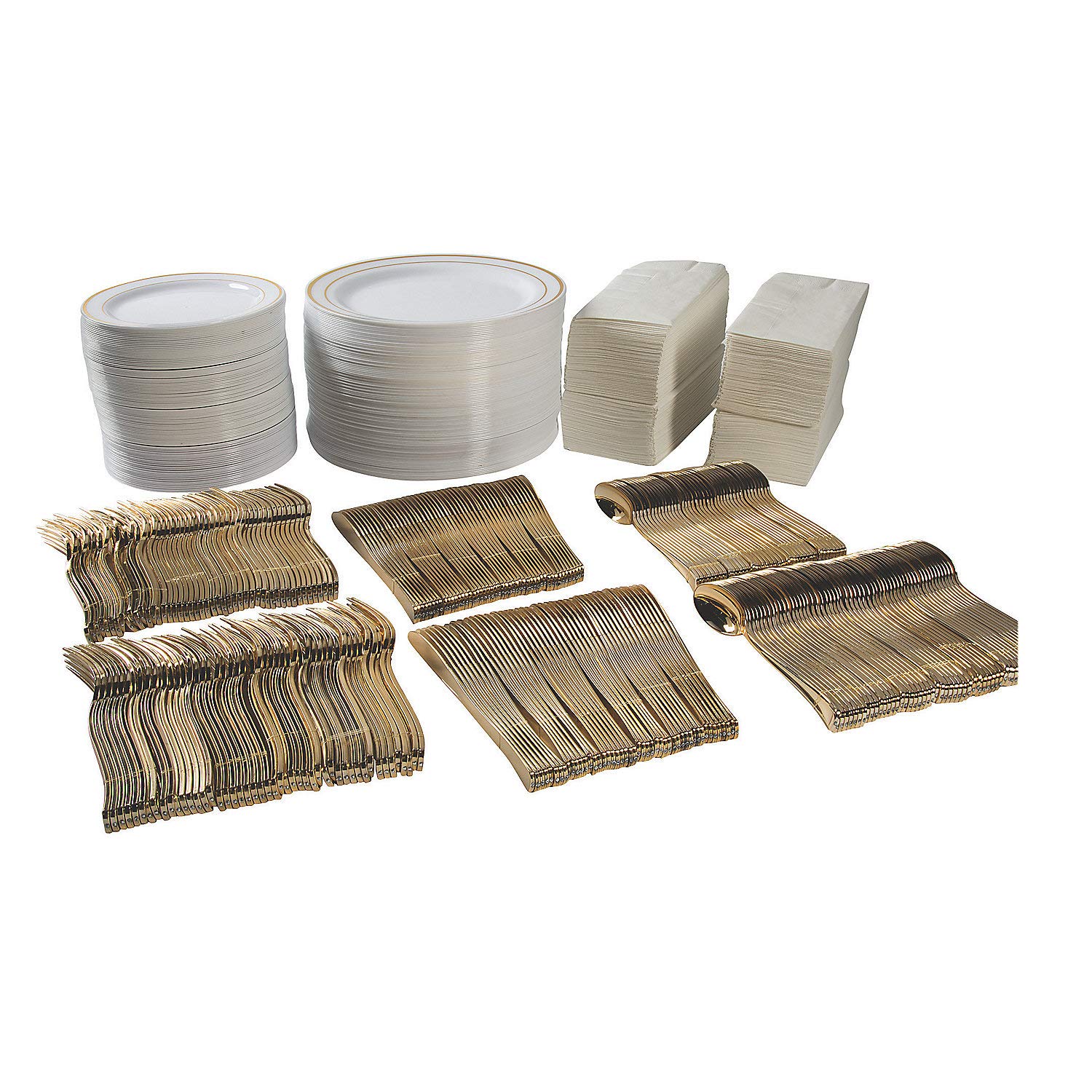 Premium White & Gold Plastic Tableware Set for 96 Guests - 588-Piece Party Supplies Kit - Elegant Disposable Plates, Cups, Forks & Spoons for Weddings, Birthdays, and Special Events