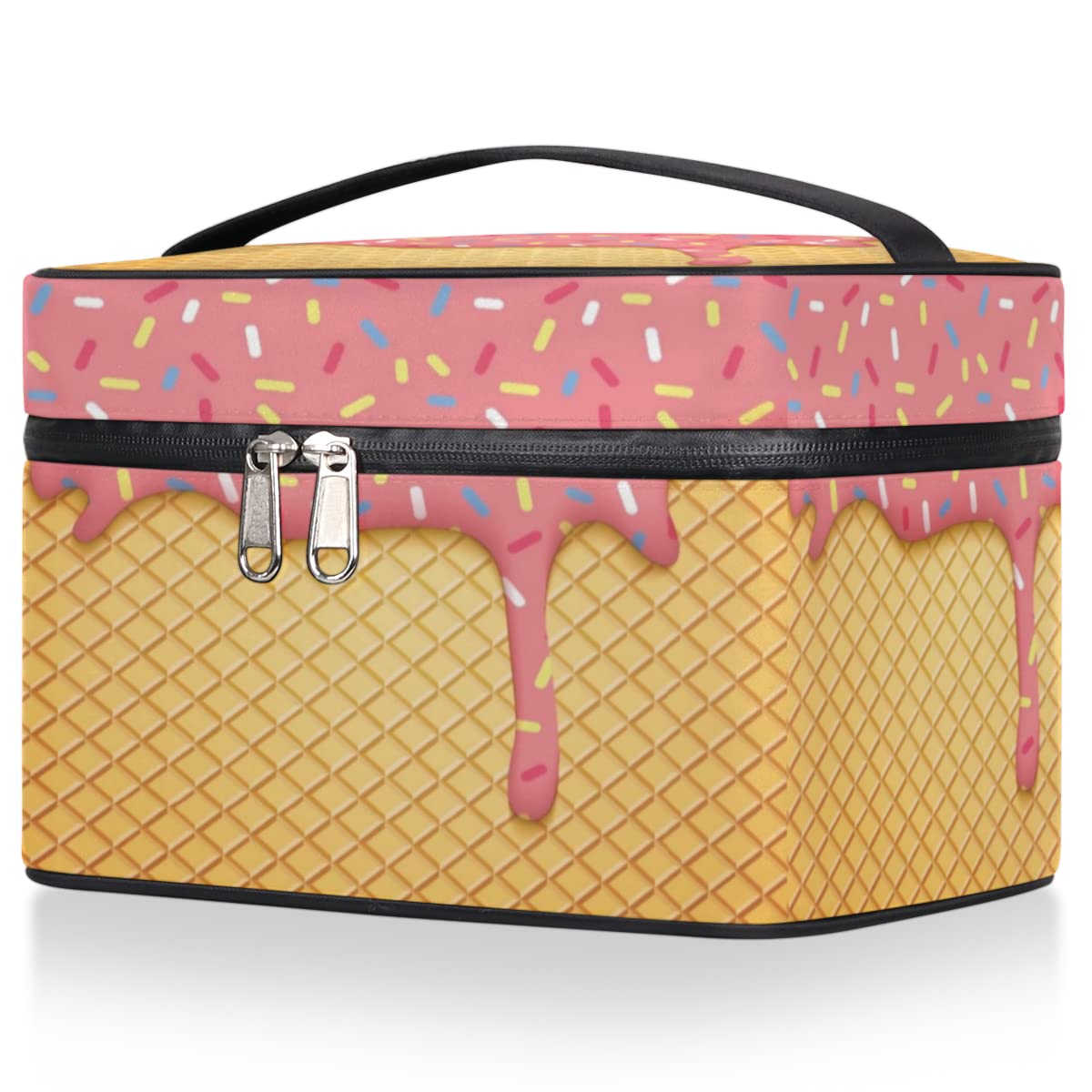 Pink Ice Cream Makeup Bag Organizer - Waterproof Travel Toiletry Bag for Women, Portable Cosmetic Storage Case with Zipper, Wafer & Glaze Design, Multicolor - Perfect for Travel, Gym, and Daily Cosmetics Organization