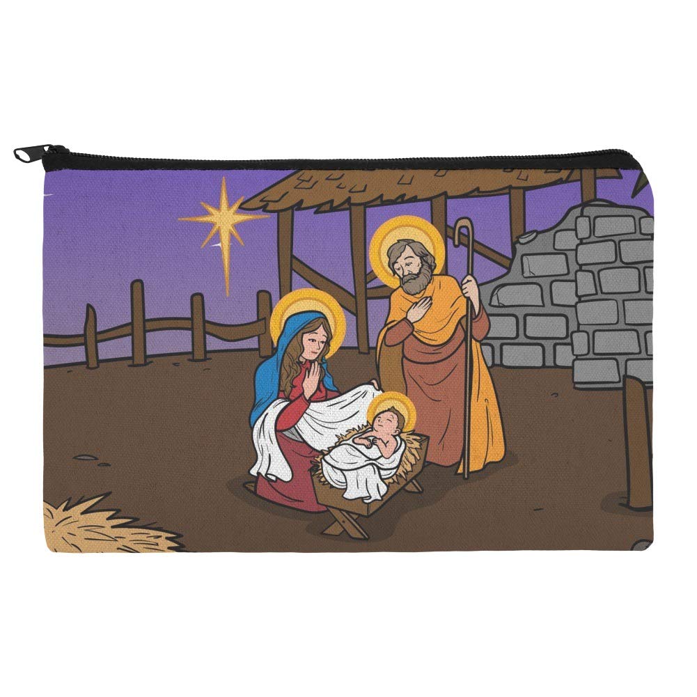 Nativity Scene Makeup Bag - Baby Jesus, Mary & Joseph Christmas Cosmetic Pouch for Christian Bible Study & Holiday Travel