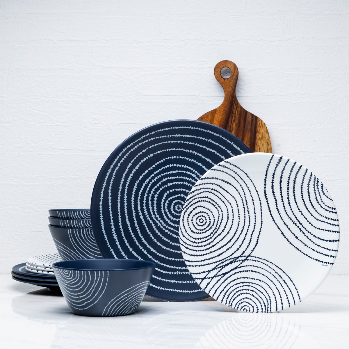 12-Piece Planet Melamine Dinnerware Set - French Navy Blue Plates & Bowls for Outdoor Picnics, Camping, and Durable Everyday Use