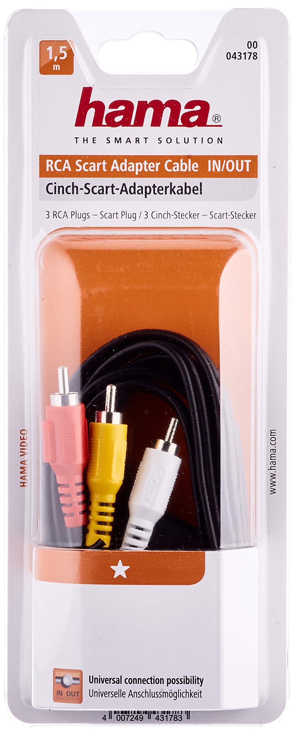 Hama SCART to RCA Video Cable - 3 RCA Male to SCART Male Connector, 1.5m/4.9ft for DVD Players, Game Consoles & Home Theater Systems