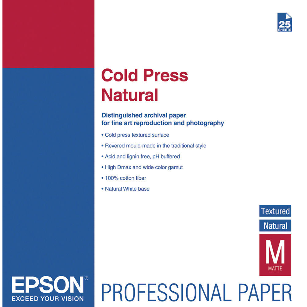 Epson Cold Press Natural Textured Paper 13x19 Inches - 25 Sheets for Watercolor, Acrylic & Ink Art - Perfect for Professional Artists & Hobbyists