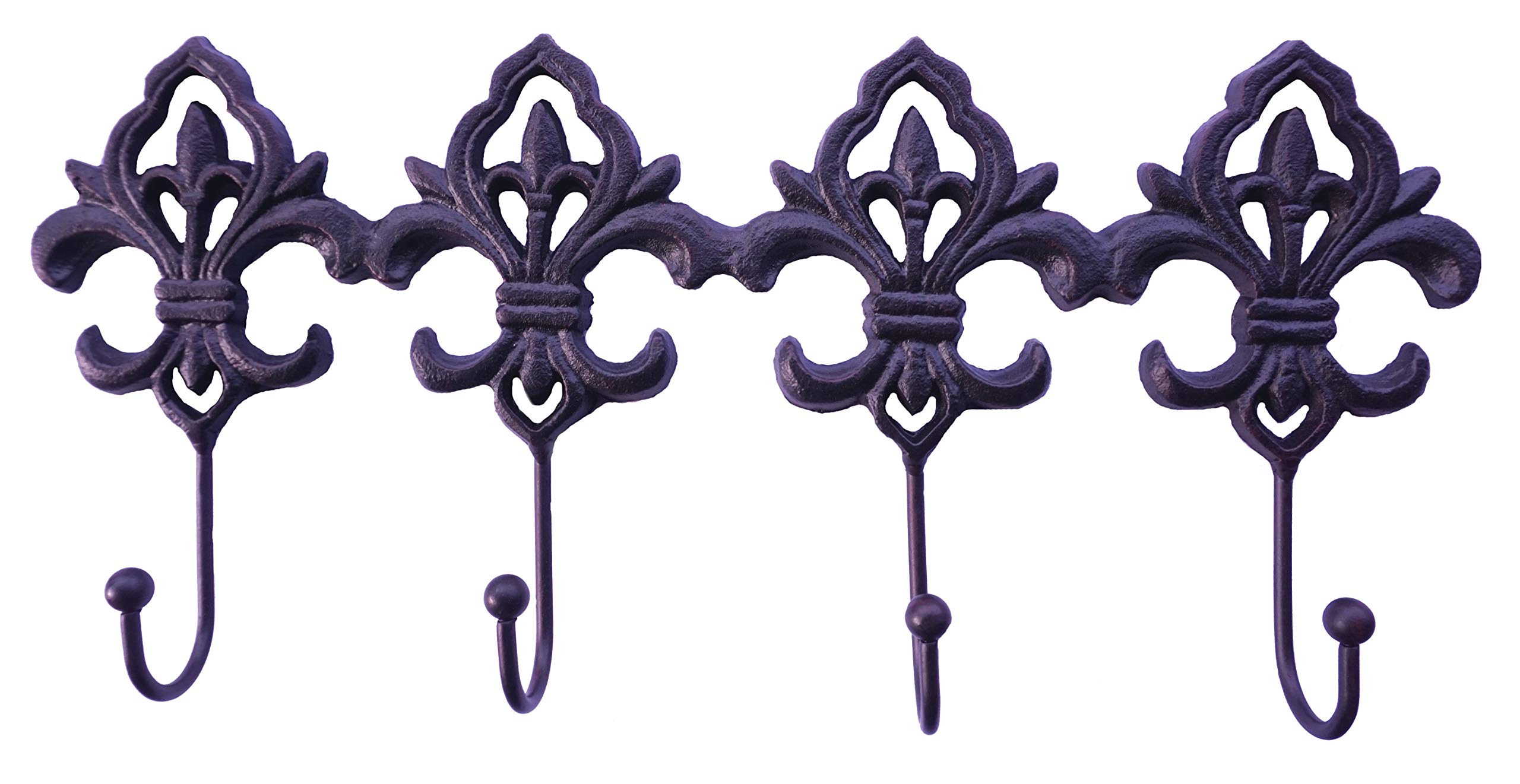 Vintage Cast Iron Fleur De Lis Wall Hooks - 4 Pack for Keys & Towels - Antique Black Home Decor