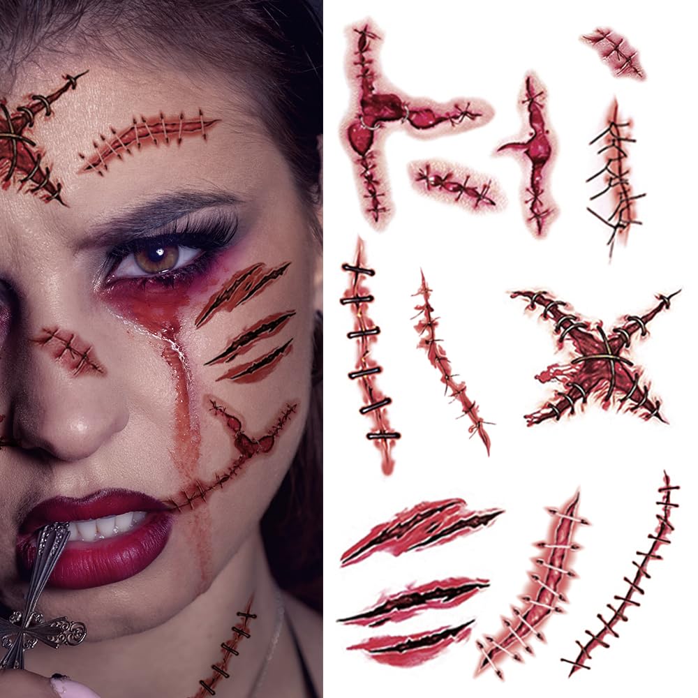20 Sheets Halloween Fake Scar Makeup Kit - Temporary Tattoo Stickers for Face & Body (Men, Women, Kids) - Scary Party Supplies, Costume Accessories & Goodie Bag Fillers - Perfect for Halloween, Cosplay, Horror Parties & Themed Events