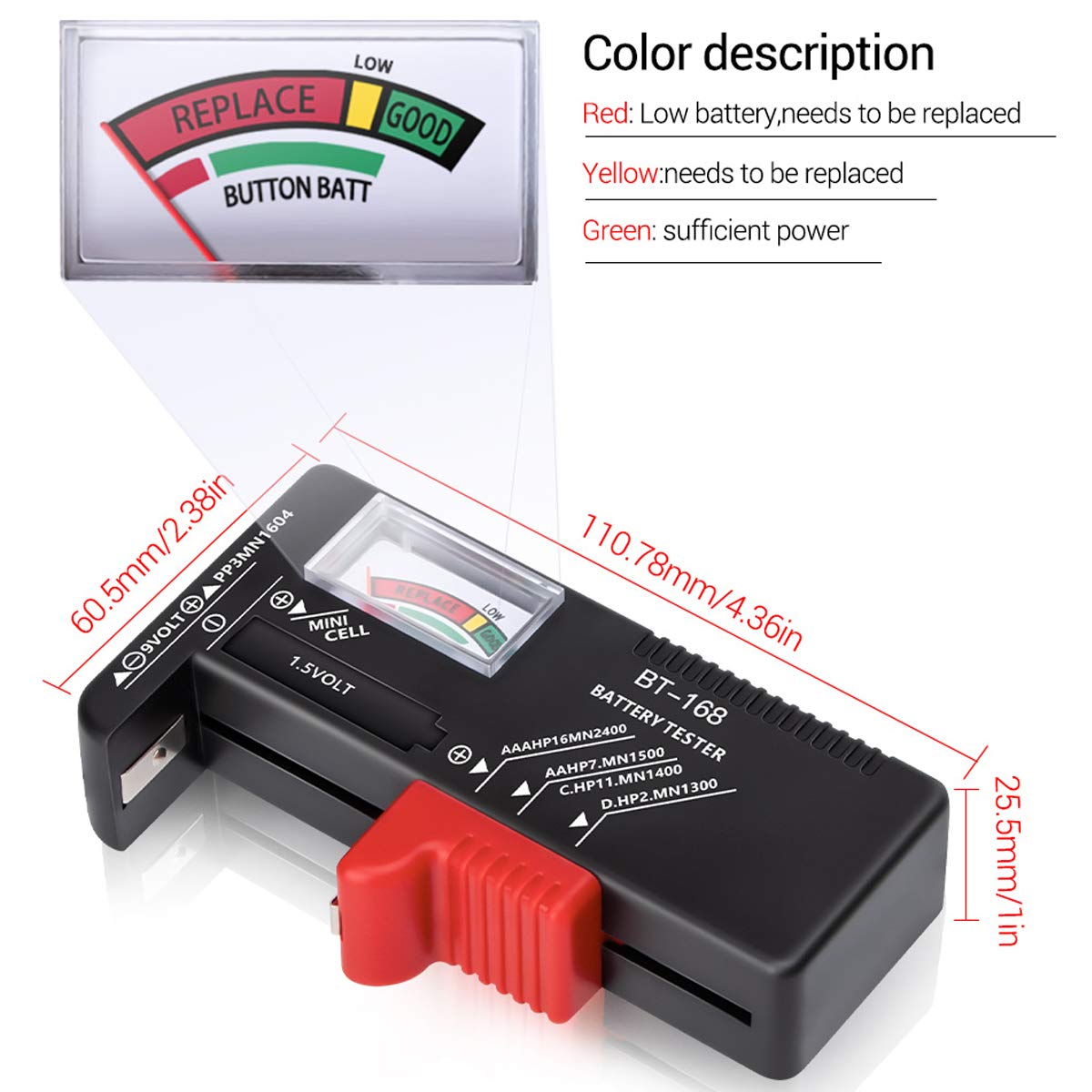 2Pcs Universal Battery Tester - Check AAA, AA, C, D, 9V & 1.5V Button Cell Batteries - Household Battery Voltage Indicator for Flashlights, Toys, Remote Controls & Electronic Devices