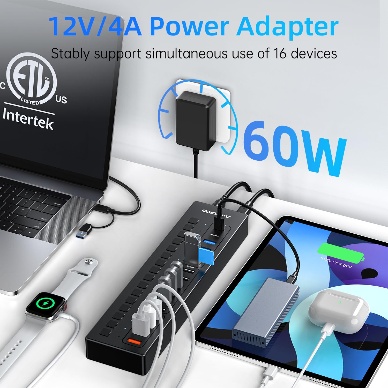 16-Port USB Hub with Power Adapter - ANYOYO USB 3.0 Splitter (4x USB-A 3.0, 2x USB-C 3.0, 4x Smart Charging Ports, 6x USB-A 2.0) - Individual Port Switches & 20V/3A UK Power Supply for Laptops, PCs, Phones, Tablets - Perfect for Home Office, Gaming Setup & Multi-Device Charging Station