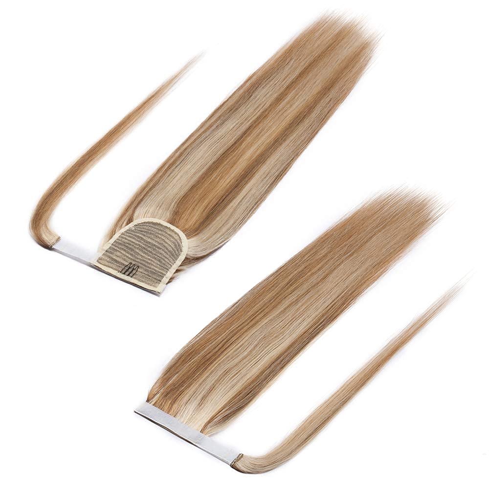 Clip-In Human Hair Ponytail Extensions - 22in Remy Hair Straight Ponytail Wrap with Magic Paste for Women & Girls | Ash Brown & Bleach Blonde (#12 & #613) | Perfect for Parties, Weddings & Everyday Styling
