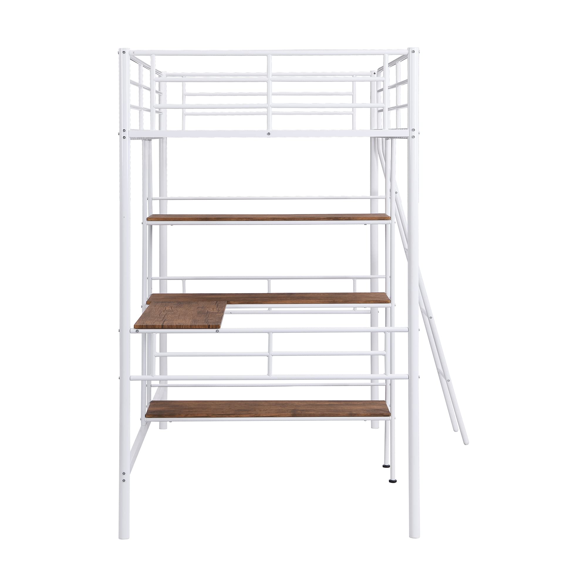 Harper & Bright Designs White Twin Size Metal Loft Bed with Built-in Desk, Shelves, Guardrail & Ladder - Space-Saving Study & Sleep Solution for Kids & Teens Bedrooms
