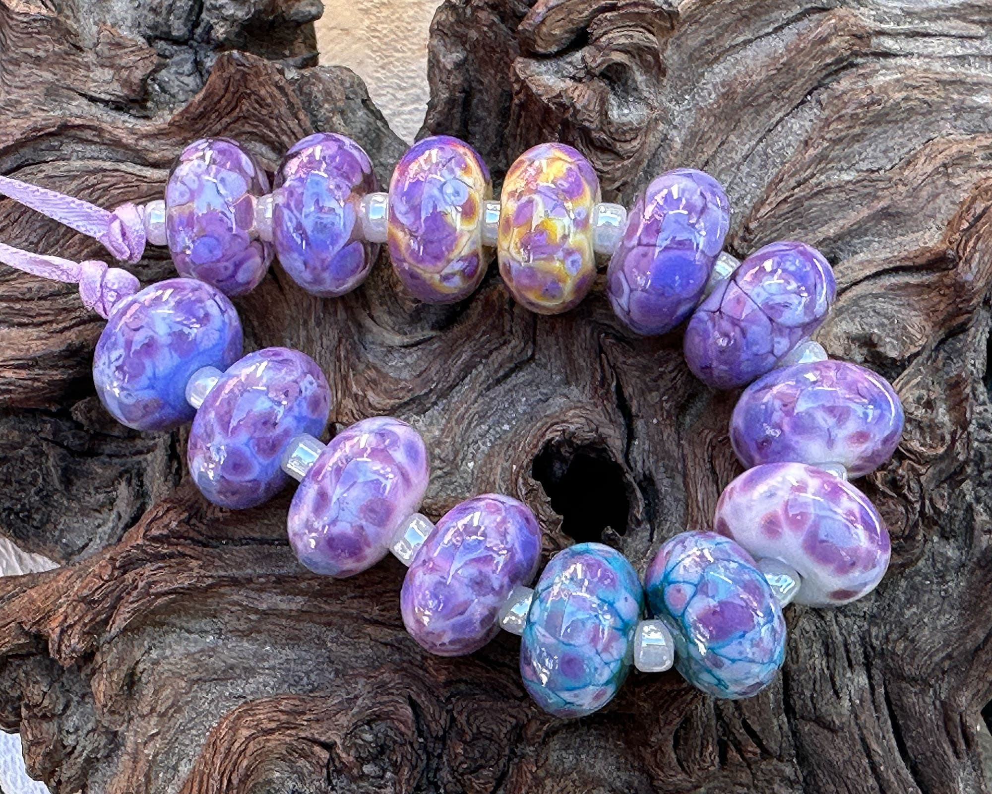 14 Vibrant Purple Mosaic Lampwork Glass Beads Set for Jewelry Making - DIY Bracelet, Necklace & Craft Projects (SRA)