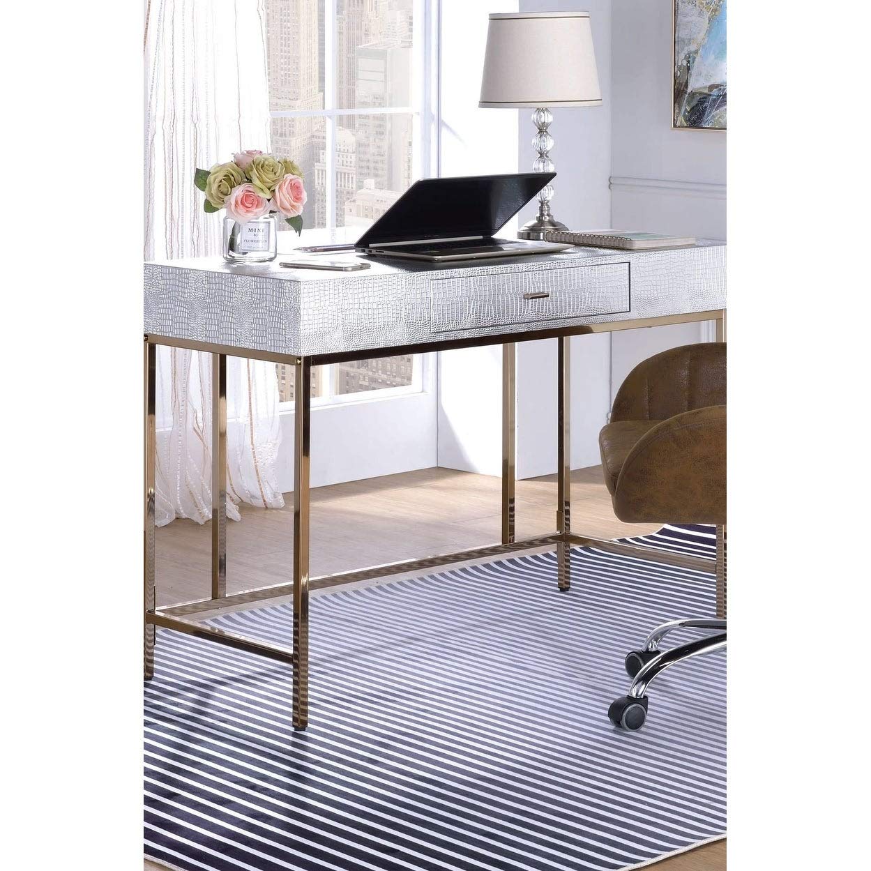 Mid-Century Modern Vanity Desk with Silver PU Champagne Yellow Wood Finish & Hardware - Perfect for Bedroom, Dressing Room & Home Office Decor