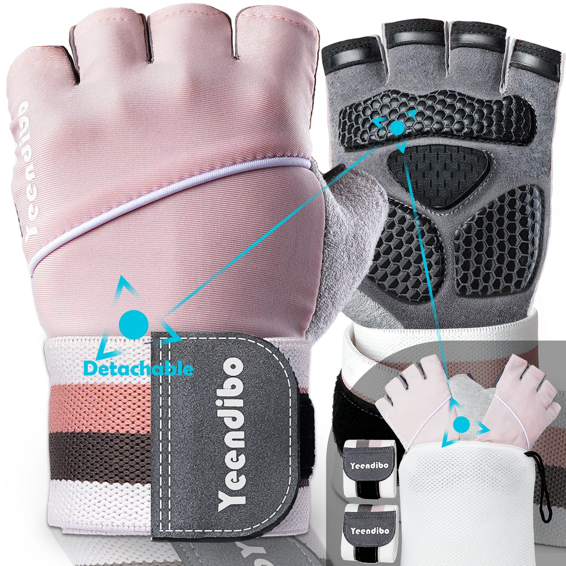 5-in-1 Workout Gloves for Men & Women - Premium Grip Weight Lifting Gloves with Detachable Wrist Strap & Mesh Bag - Ideal for Gym, CrossFit, and Home Workouts - Full Hand Protection & Enhanced Performance