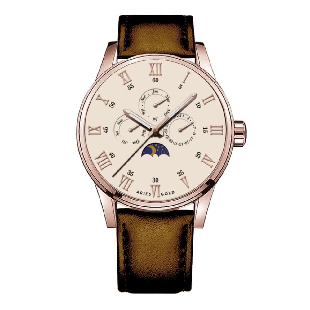 ARIES GOLD G 7019 RG Multifunctional Leather Strap Men's Watch - Waterproof, Chronograph, Date Display - Perfect for Business, Casual & Outdoor Activities