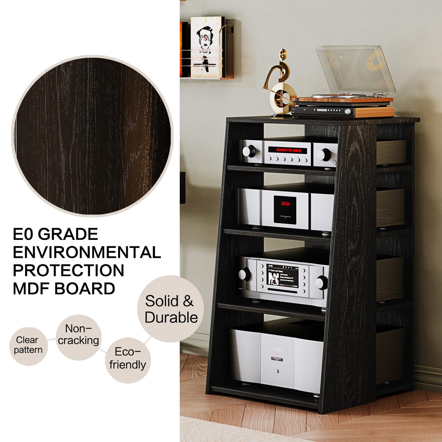 Modern Media Storage Cabinet - 4-Shelf AV Stand for TV, Stereo & Entertainment Components | Durable Living Room Furniture for Home Theater & Media Organization