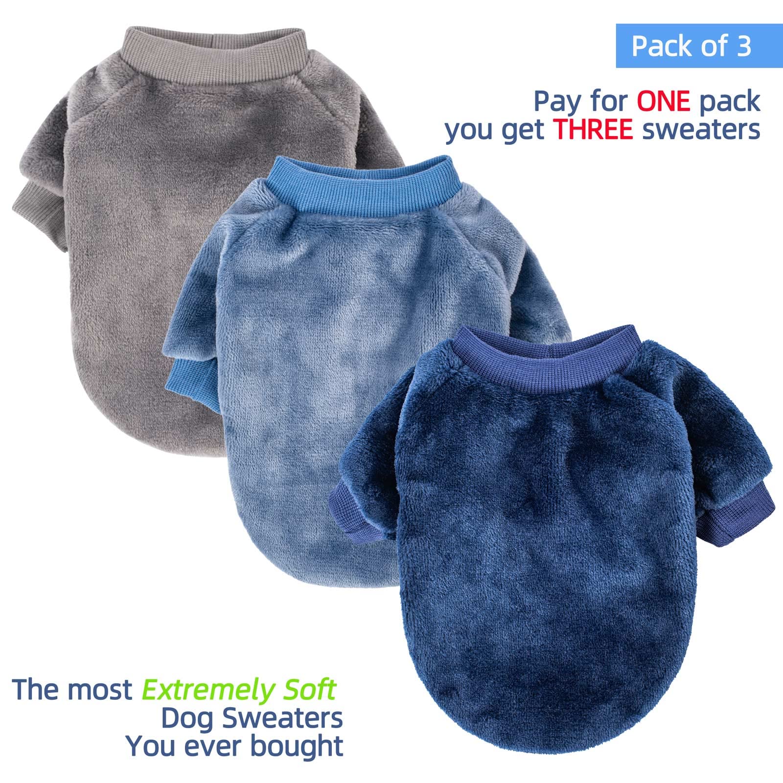 FabriCastle 3-Pack Ultra Soft & Warm Dog Sweaters for Small & Medium Dogs - Cozy Pet Clothes for Winter, Cat & Puppy Sweater Set (XS, Grey/Blue/Navy) - Perfect for Indoor & Outdoor Adventures