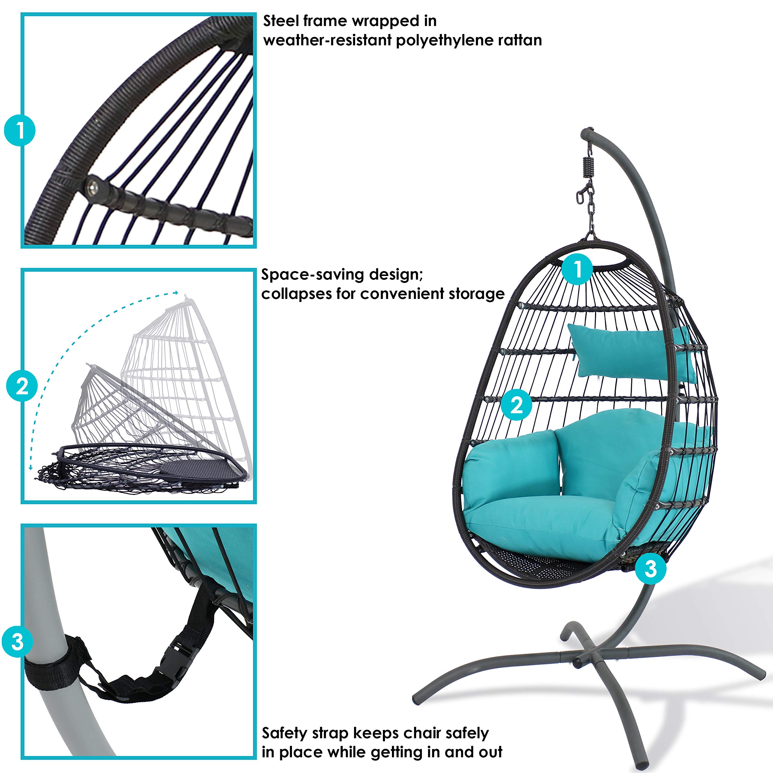 Sunnydaze Penelope Hanging Egg Chair with Turquoise Seat Cushions & Steel Stand - 78-Inch Black Wicker Swing Chair for Patio, Garden, Backyard Relaxation