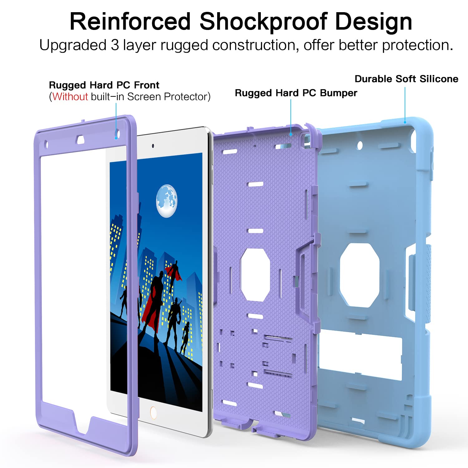 Shockproof Rugged iPad Case for 9th/8th/7th Gen 10.2-inch (2021/2020/2019) - Slim Heavy Duty Protective Cover with Built-in Stand, Sky Blue & Purple - Perfect for Travel, Work & School Use
