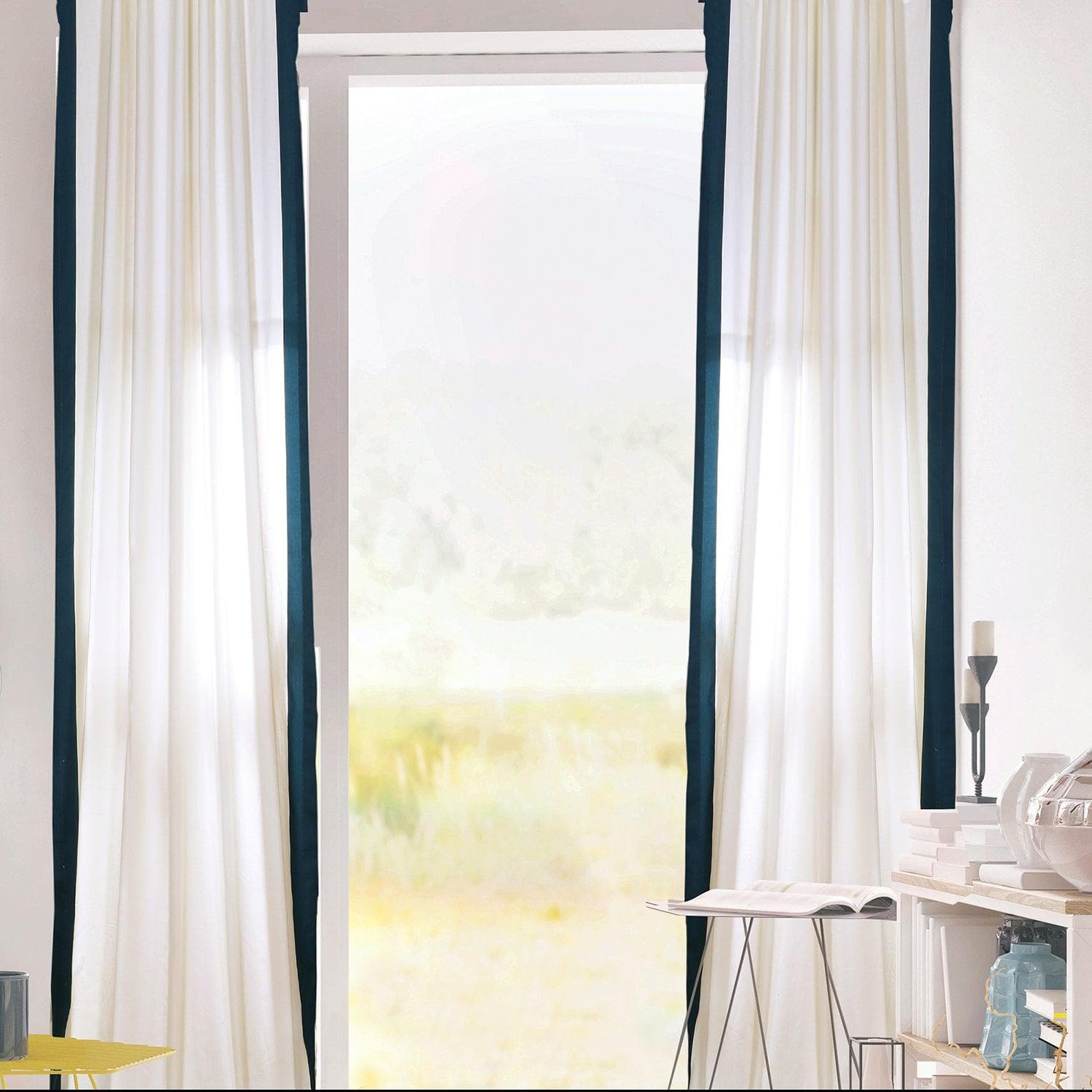 Fresh Popcorn & Polo Navy Bordered Vertical Printed Cotton Custom Curtains - Stylish Window Treatments for Living Room, Bedroom & Home Decor