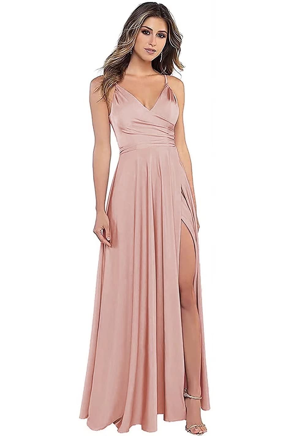 Elegant Mouccy Women's V-Neck Silk Satin Prom Dress with Slit - A-Line Long Bridesmaid & Formal Party Gown CR-05 | Perfect for Weddings, Galas, and Evening Events