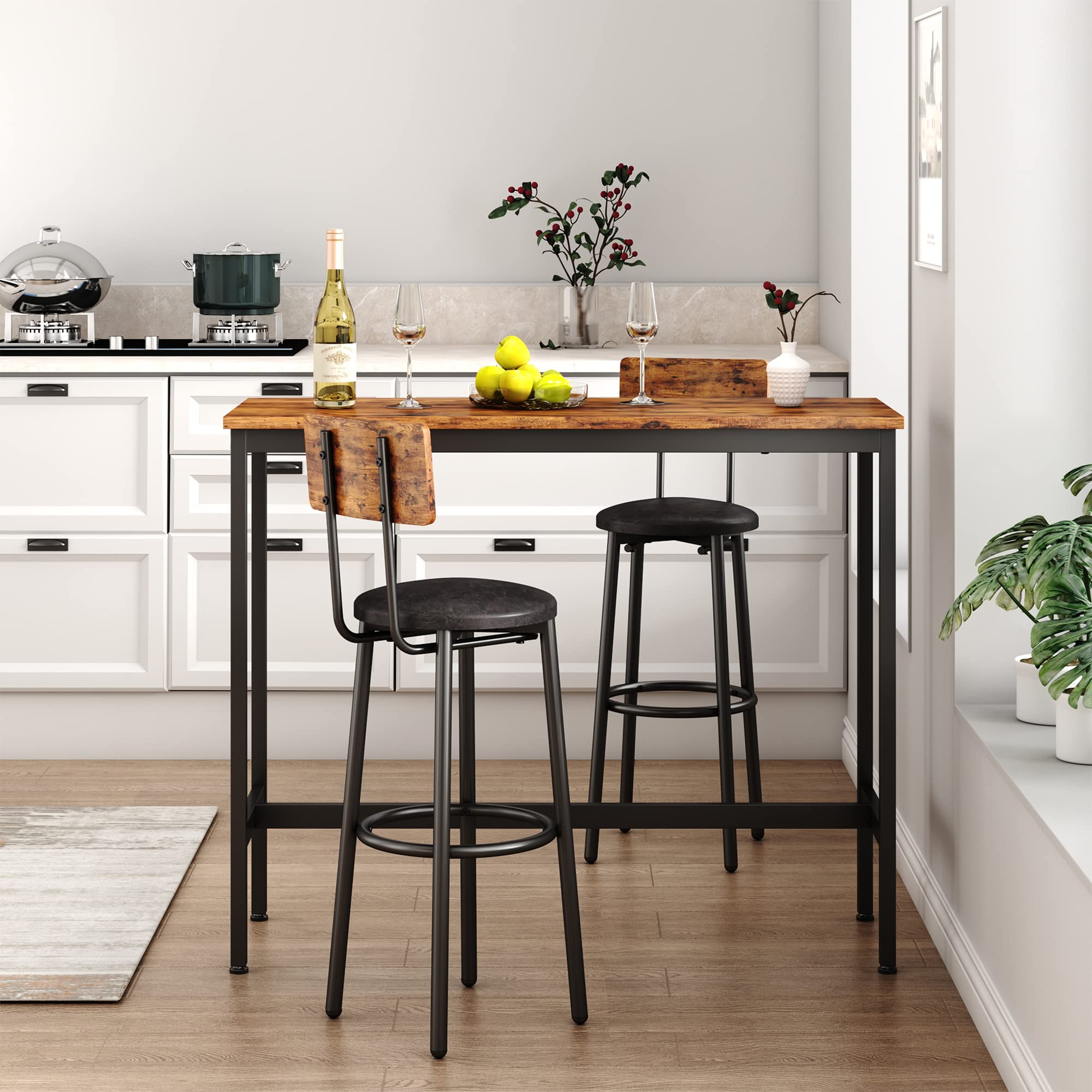 3-Piece Bar Height Table and Chairs Set - 36 Inch Pub Table with 2 PU Cushioned Bar Stools, Counter Height Bistro Set for Kitchen, Dining Room, or Outdoor Patio