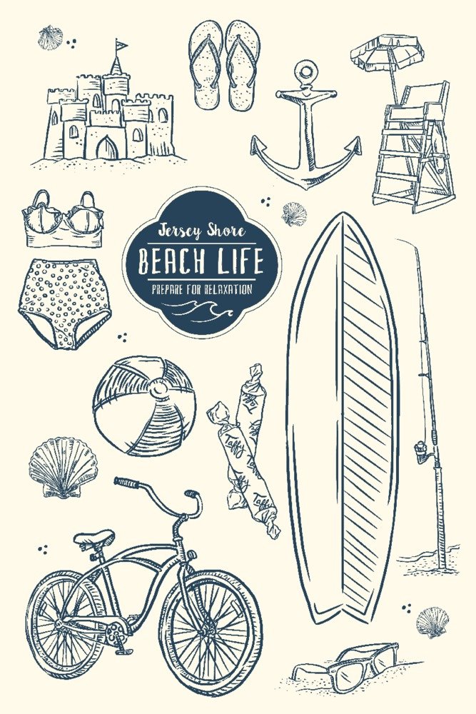 Jersey Shore Beach Life Blue Collage Art Print - 24x36 Signed Wall Decor Poster for Living Room, Bedroom & Office