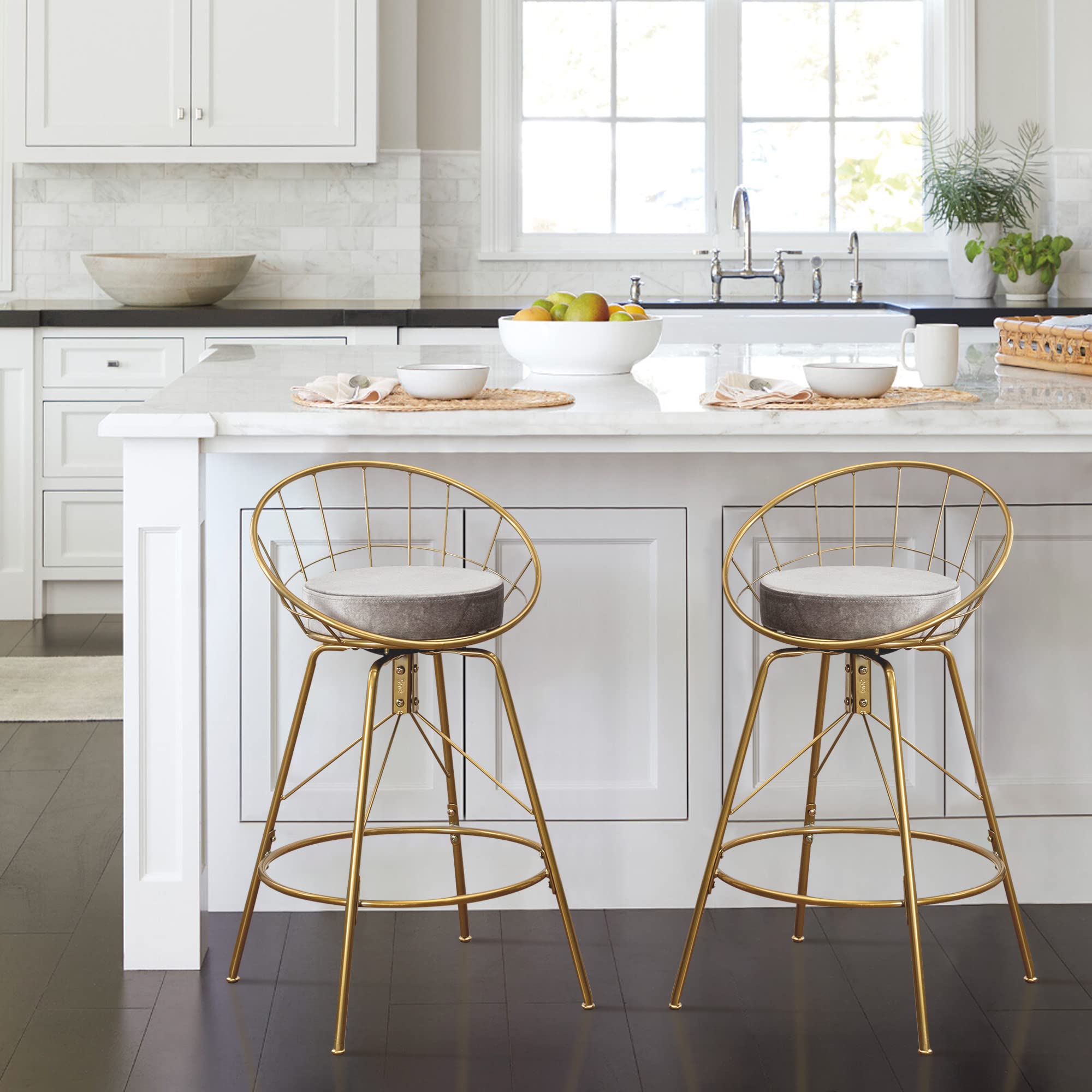 ALISH 24 Inch Swivel Counter Height Bar Stools with Back - Set of 2 Kitchen Bar Chairs (Gold Frame with Gray Cushion) for Dining Room, Kitchen Island & Home Bar Decor