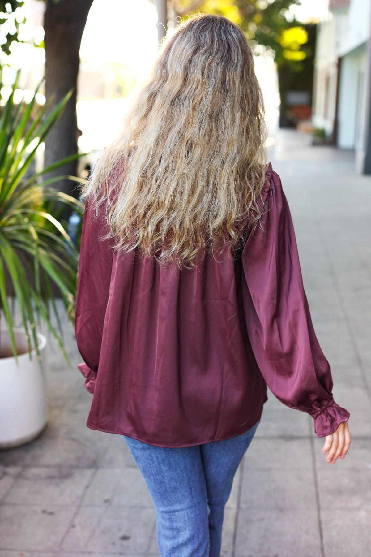 Stylish Wine Satin Shirred Yoke Frilled Mock Neck Top for Women | Elegant Blouse for Date Night, Parties & Special Occasions